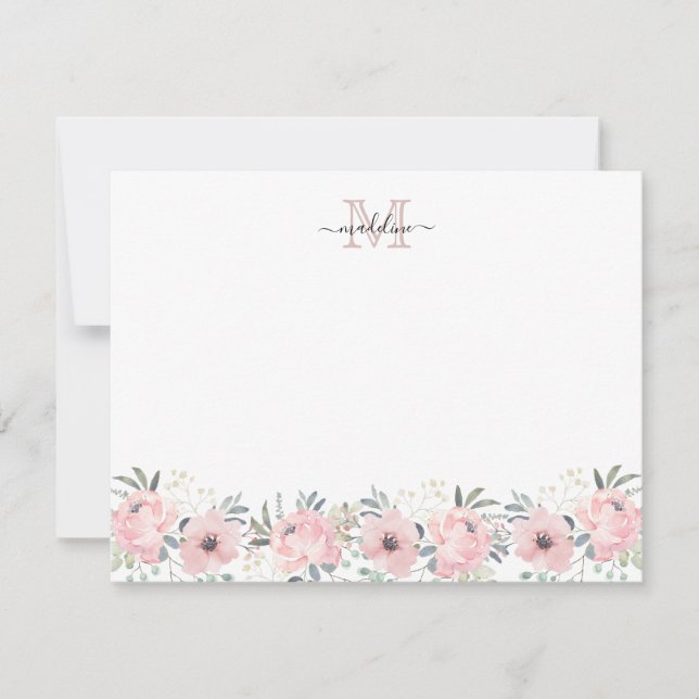 Elegant Watercolor Floral Blush Pink Monogram Note Card (Front)
