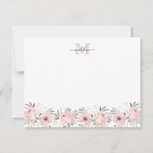 Elegant Watercolor Floral Blush Pink Monogram Note Card