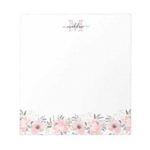 Elegant Watercolor Floral Blush Pink Monogram Notepad