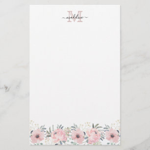 Elegant Watercolor Floral Blush Pink Monogram Stationery