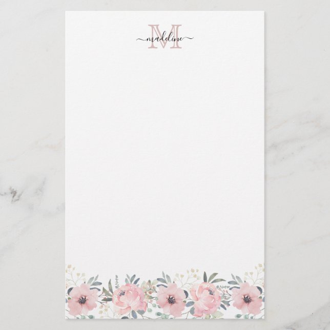 Elegant Watercolor Floral Blush Pink Monogram Stationery (Front)