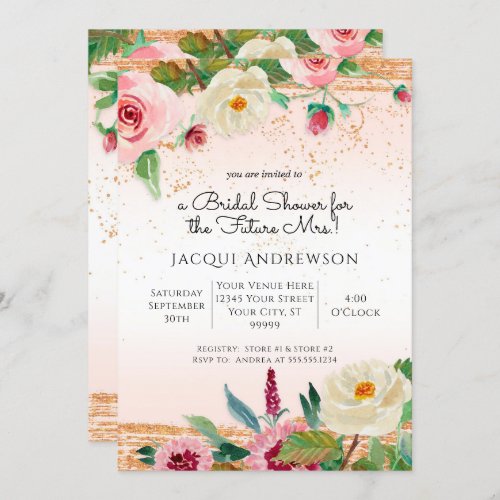 Elegant Watercolor Floral Blush Rose Gold Bridal Invitation