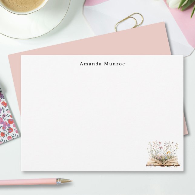 Elegant Watercolor Floral Books Personalized  Note Card (Creator Uploaded)