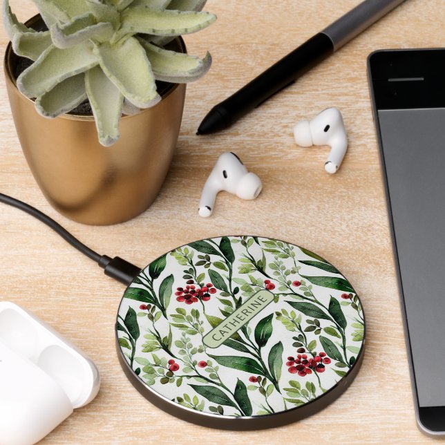 Elegant Watercolor Floral Botanical Name Wireless Charger (Desk 2)