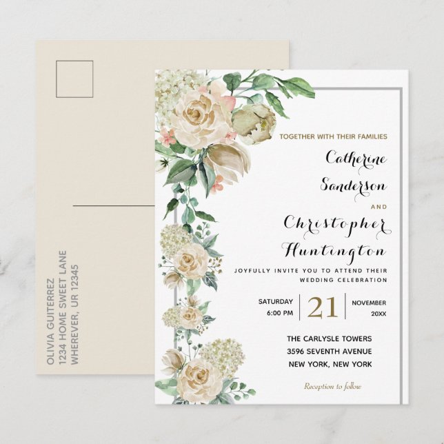Elegant Watercolor Floral Botanical Wedding  Invitation Postcard (Front/Back)