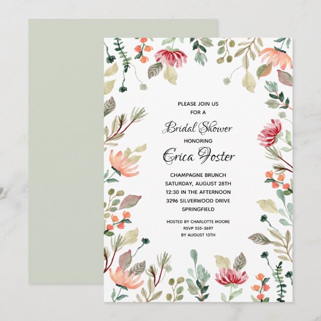 Elegant Watercolor Floral Bridal Shower Invitation (Front/Back)