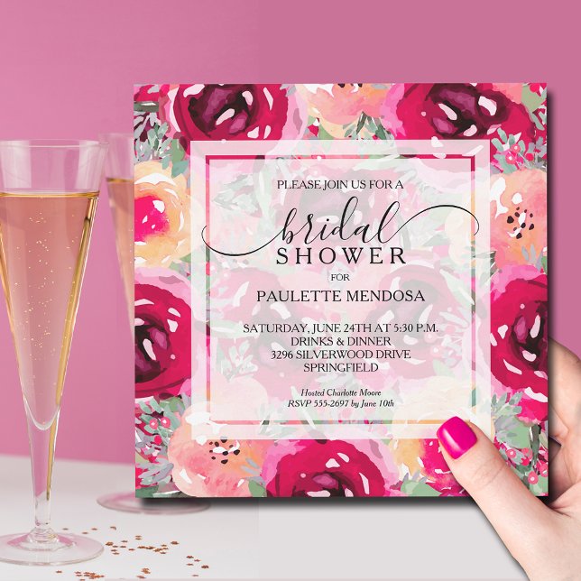 Elegant Watercolor Floral Bridal Shower Invitation (Bright pink and cream floral bridal shower 5.25" square invitations - INSTANT DOWNLOAD & PRINTED)