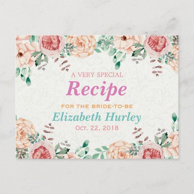 Elegant Watercolor Floral Bridal Shower Recipe Invitation Postcard (Front)