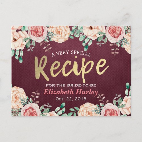 Elegant Watercolor Floral Bridal Shower Recipe Invitation Postcard