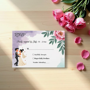 Elegant Watercolor Floral Bride And Groom Wedding RSVP Card