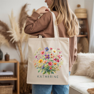 Elegant Watercolor Floral Bridesmaid Custom Name Tote Bag