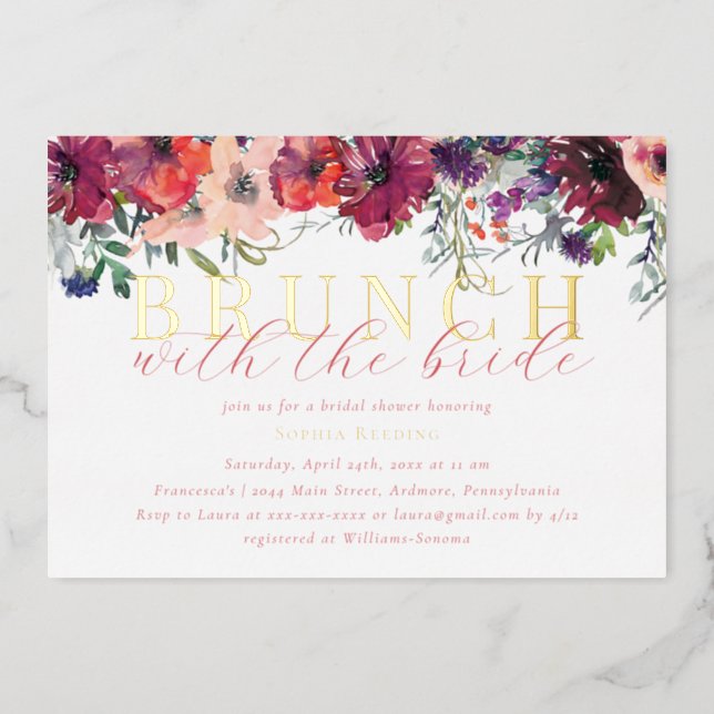 Elegant Watercolor Floral Brunch Bridal Shower Foil Invitation (Front)