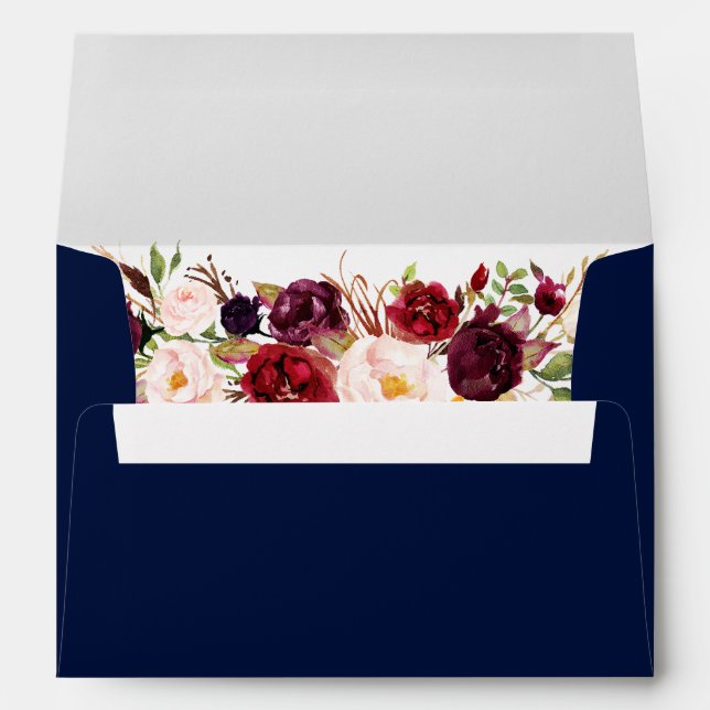 Elegant Watercolor Floral Burgundy Blue Invitation Envelope (Back (Bottom))