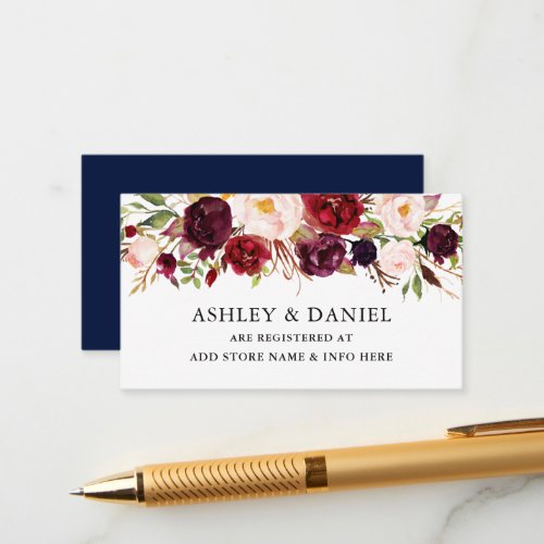 Elegant Watercolor Floral Burgundy Blue Registry Enclosure Card