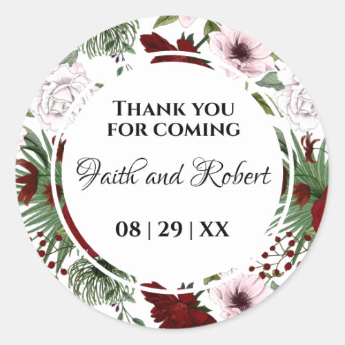 Elegant Watercolor Floral Burgundy Blush Wedding Classic Round Sticker