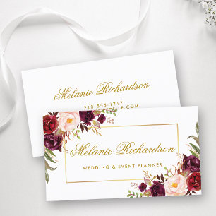 Elegant Watercolor Floral Burgundy Marsala Gold Business Card