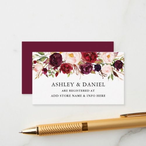 Elegant Watercolor Floral Burgundy Registry Enclosure Card