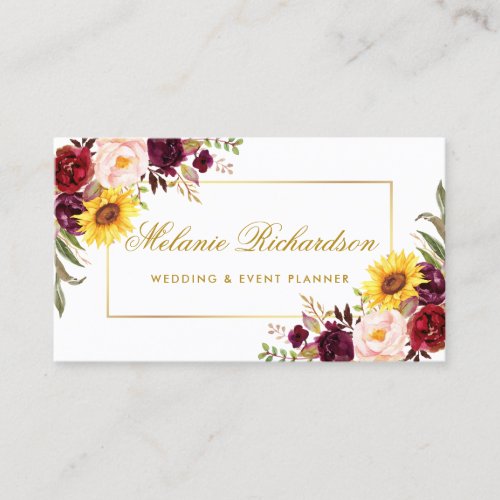 Elegant Watercolor Floral Burgundy Sunflowers Gold Business Card