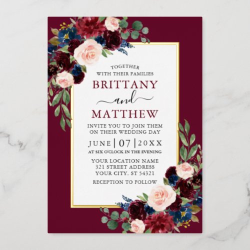 Elegant Watercolor Floral Burgundy Wedding Gold Foil Invitation