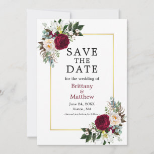Elegant Watercolor Floral Burgundy White Gold Save The Date