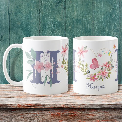 Elegant Watercolor Floral Butterfly Monogram H Coffee Mug