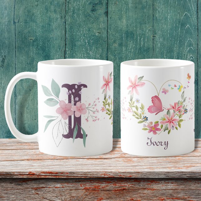 Elegant Watercolor Floral Butterfly Monogram I Coffee Mug (Creator Uploaded)