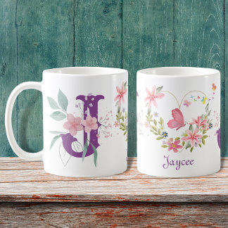 Elegant Watercolor Floral Butterfly Monogram J Coffee Mug
