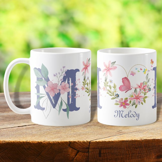 Elegant Watercolor Floral Butterfly Monogram M Coffee Mug (Creator Uploaded)