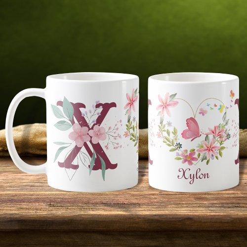 Elegant Watercolor Floral Butterfly Monogram X Coffee Mug
