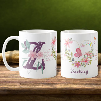 Elegant Watercolor Floral Butterfly Monogram Z Coffee Mug