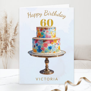 Elegant Watercolor Floral Cake 60th Birthday Card