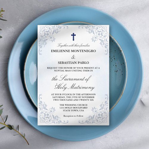 Elegant Watercolor Floral Catholic Nuptial Mass Invitation