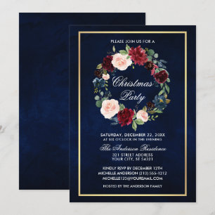 Elegant Watercolor Floral Christmas Party Gold Invitation