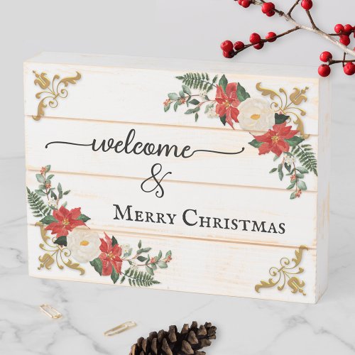 Elegant Watercolor Floral Christmas Welcome Wooden Box Sign
