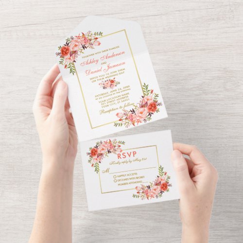 Elegant Watercolor Floral Coral Gold All In One Invitation