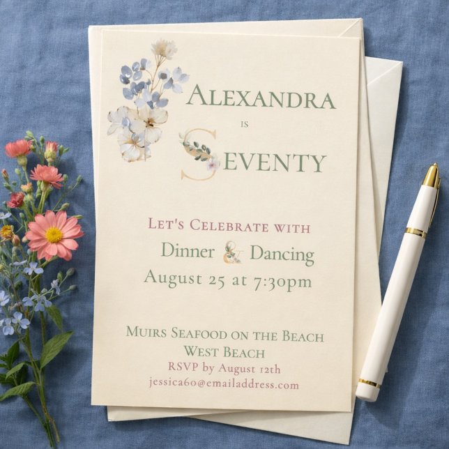 Elegant Watercolor Floral Cream 70th Birthday  Invitation (Creator Uploaded)