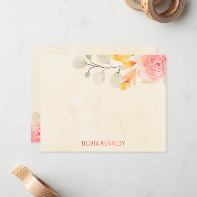 Elegant Watercolor Floral Cream Personalized  Note Card (Front/Back In Situ)