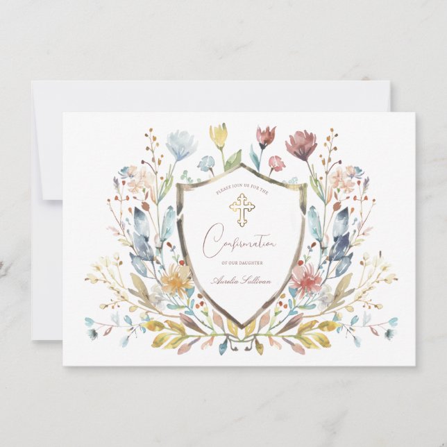 Elegant Watercolor Floral Crest Confirmation Invitation (Front)