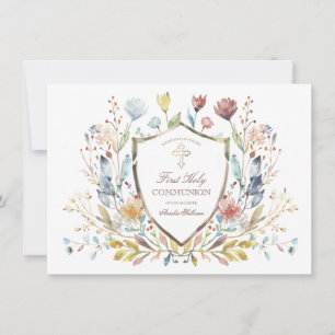Elegant Watercolor Floral Crest First Communion Invitation
