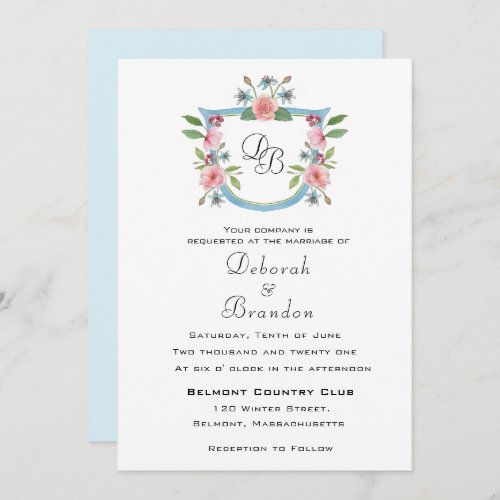 Elegant watercolor floral crest monogrammed announcement