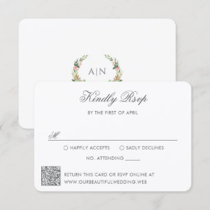 Elegant Watercolor Floral Crest QR Code Wedding RSVP Card