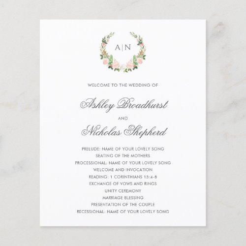 Elegant Watercolor Floral Crest Wedding Program Flyer