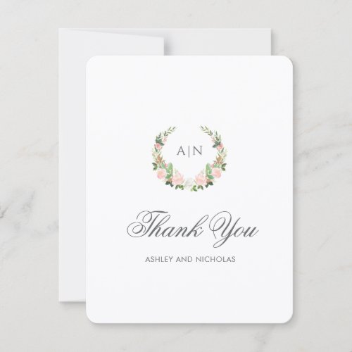 Elegant Watercolor Floral Crest Wedding Thank You Card