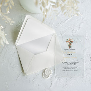 Elegant Watercolor Floral Cross Baptism Acrylic Invitations