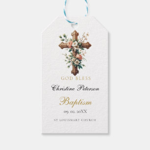 Elegant Watercolor Floral Cross Baptism Favor  Gift Tags