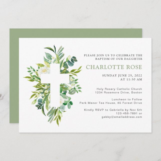 Elegant Watercolor Floral Cross Baptism Invitation (Front/Back)