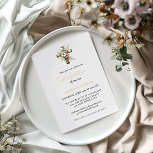 Elegant Watercolor Floral Cross Baptism Invitation