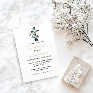 Elegant Watercolor Floral Cross Baptism Invitation