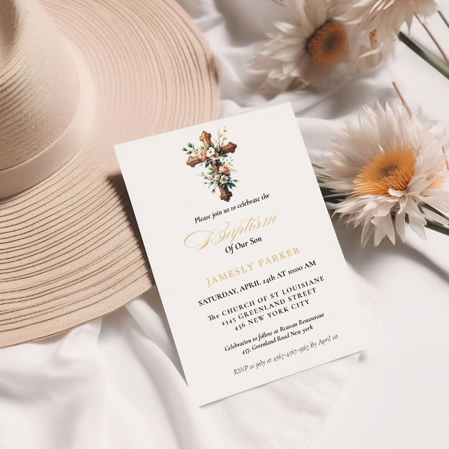 Elegant Watercolor  Floral Cross  Baptism Invitation (Creator Uploaded)