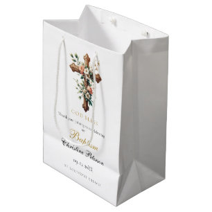 Elegant Watercolor Floral Cross Baptism Medium Gift Bag